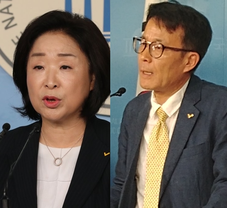 정의당 당 대표 출마 기자회견 중인 심상정 의원과 양경규 전 전국민주노동조합총연맹 부위원장 <사진=연합뉴스/tbs>