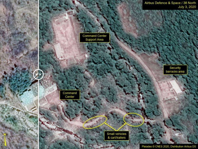 북한 풍계리 핵실험장 모습을 담은 위성사진에서 지휘소로 통하는 길에 차량 포착
