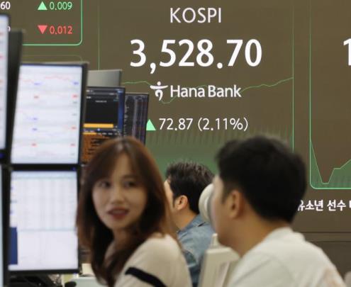 코스피가 장중 3,500선을 돌파한 2일 서울 중구 하나은행 딜링룸 <사진=연합뉴스>
