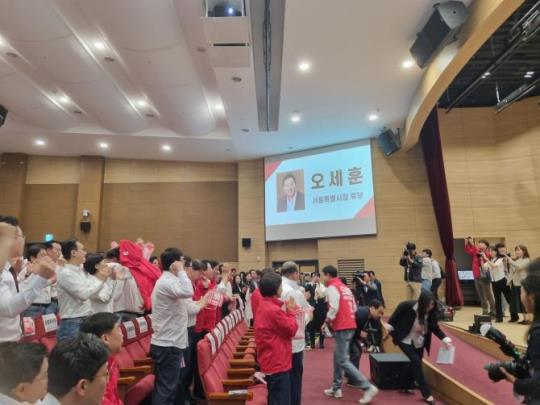 ''국민의힘 서울시당 필승 결의 및 공천자대회''에 참석한 오세훈 서울시장 후보  <사진=TBS>